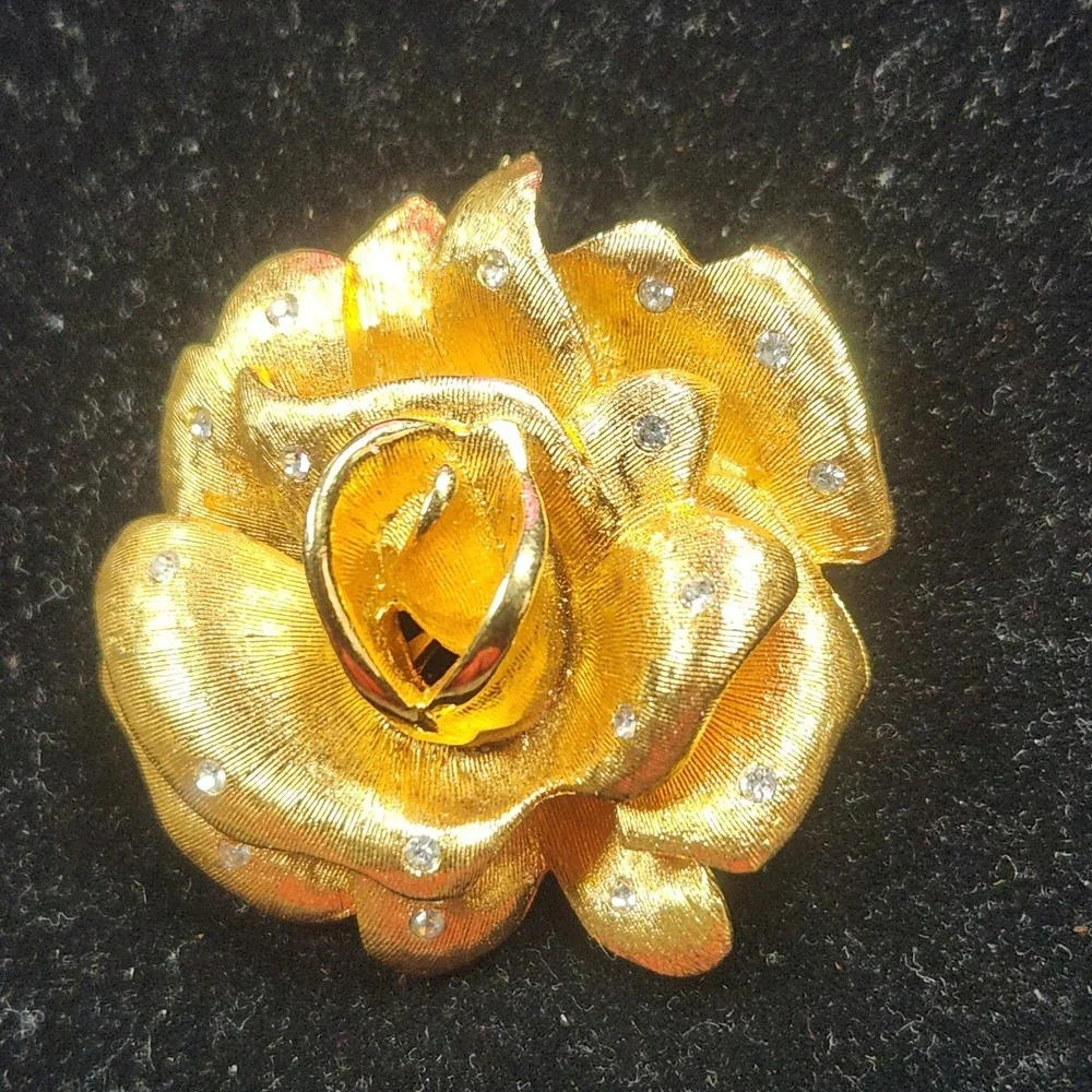 Vintage Gold Tone Textured Rose Brooch Rhinestone Floral Pin 1.75 Inch